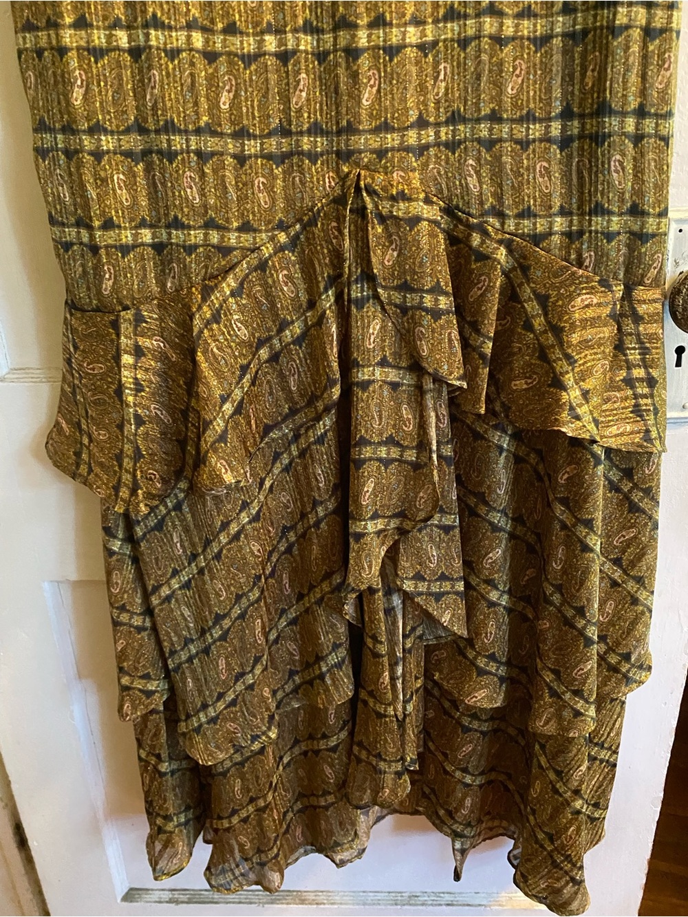 R&M Richards Black Gold  metallic Tiered Ruffle Gown dress Grecian look - Picture 3 of 5